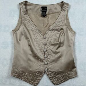 Vtg Via Seta Norma Flanagan Silk Beaded Vest Size 4 Champagne Beige